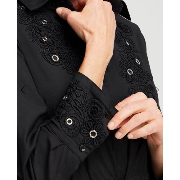 Chico's Whimsigoth Poplin Lace Grommet Midi Dress Black Sz 6 asymmetrical Witchy - Picture 4 of 11